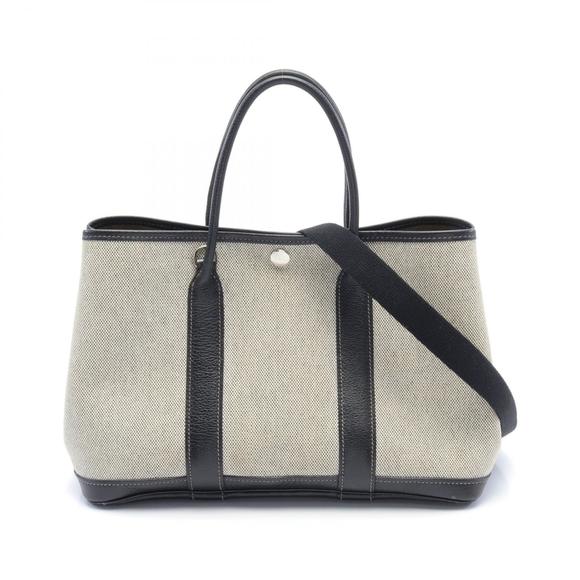 HERMES Garden Party TPM Tote Bag Leather Toile Ash Beige Black - Picture 1 of 9